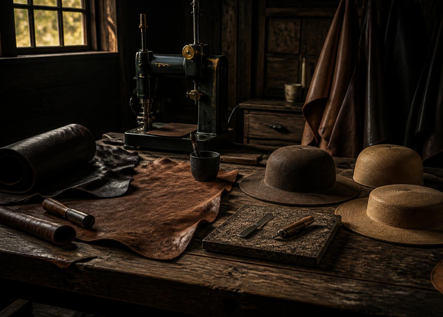 Artisan workbench with leather hides, tools and hat blanks