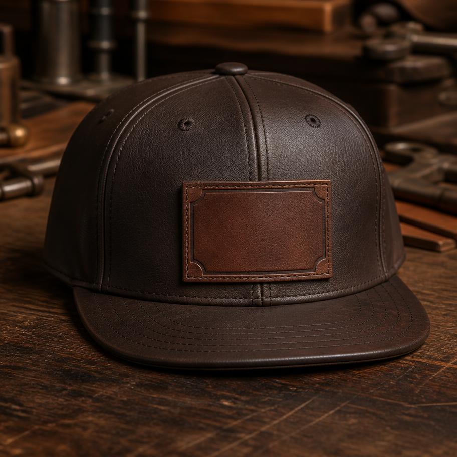 Dark brown leather snapback with an engraved leather patch on a wood bench
