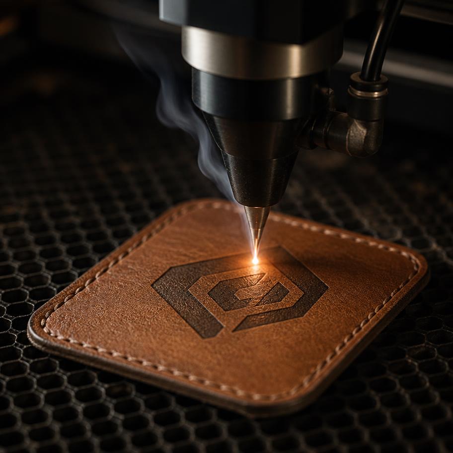 Laser engraving an emblem into a small leather hat patch