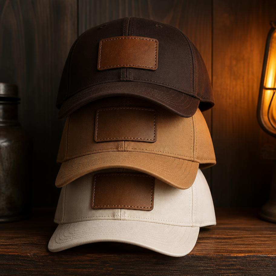Three custom caps stacked with engraved leather patches