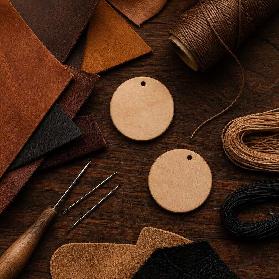 Leather scraps, waxed thread and blank wood discs on a workbench